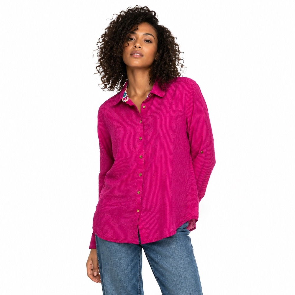 Liza Byrd Women's Pink Button-Up Swiss Dots Blouse Size L Long Sleeve Casual Top